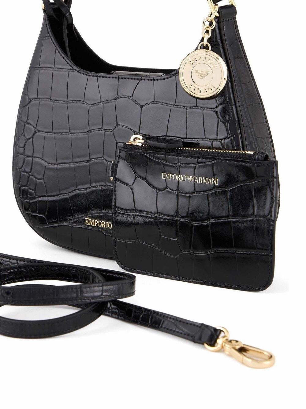 NWT Emporio Armani Mini Mock Croc Hobo Bag Black Crossbody Purse w/Coin Elegant